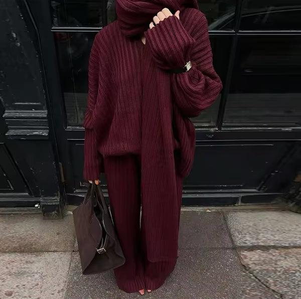 KNIT THREE PIECE JUMPER, SCARF AND TROUSER CO-ORD