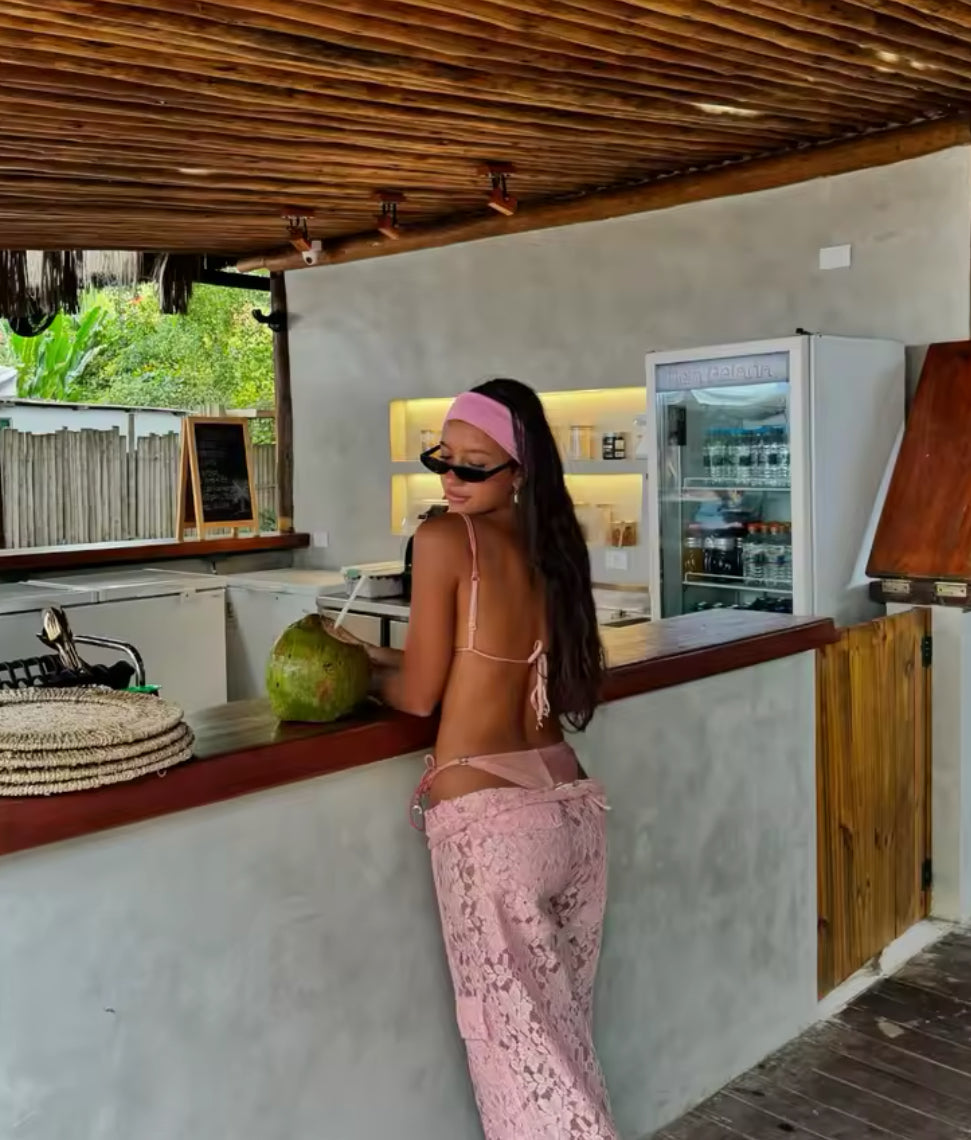 BABY PINK BIKINI AND LACE TROUSER THREE PIECE BIKINI SET