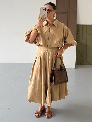 BEIGE COLLARED SHIRT AND MAXI SKIRT CO-ORD