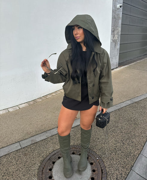 KHAKI CROPPED HOODED TRENCH COAT