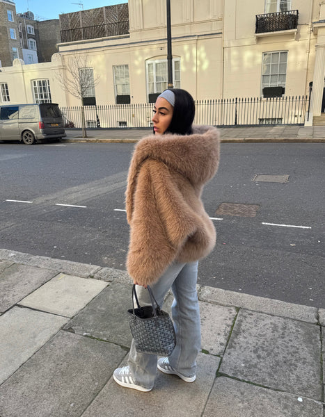 CAMEL HOODED FAUX FUR COAT