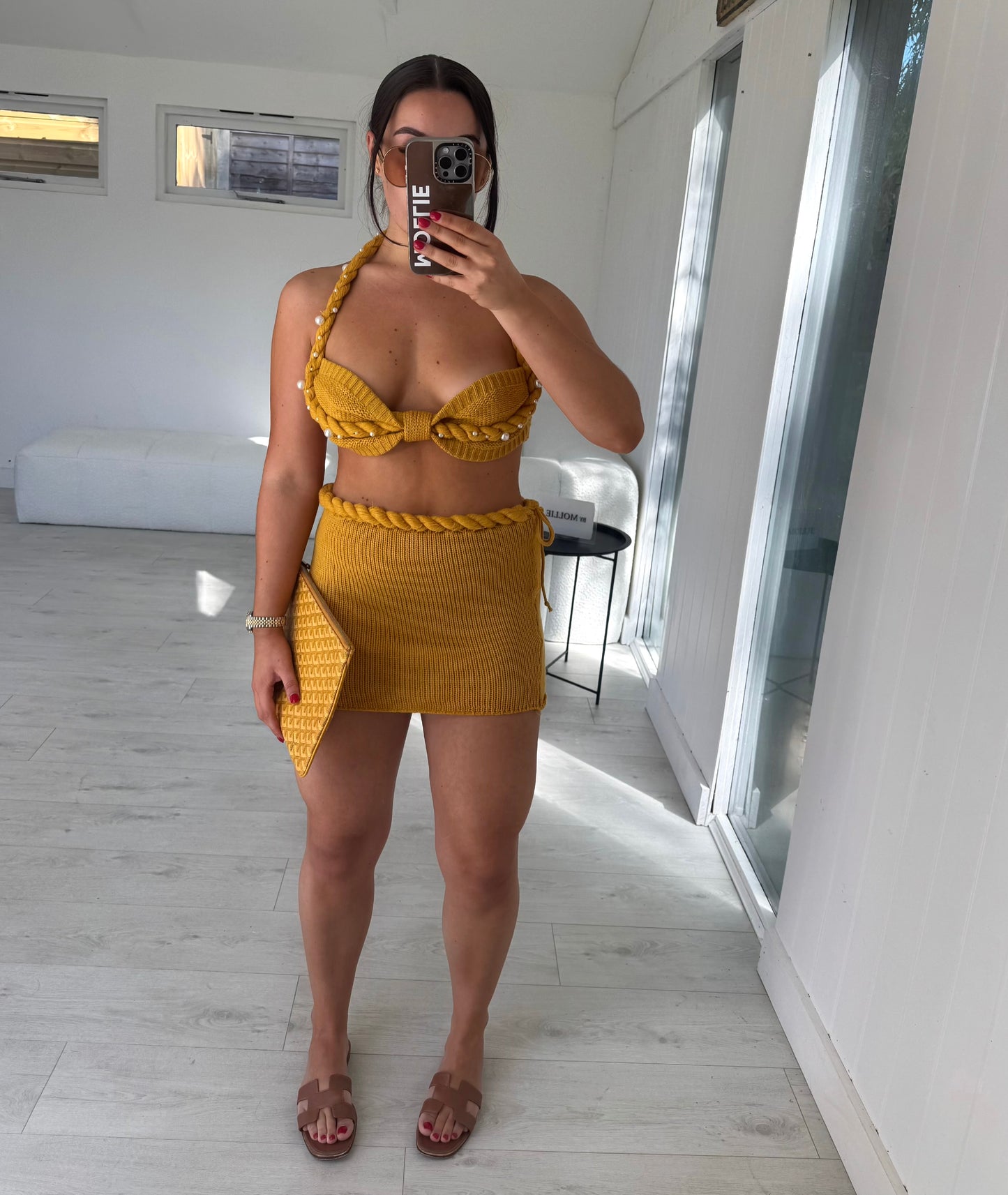 MUSTARD EMBELLISHED CROCHET BRALET AND MINI SKIRT CO-ORD