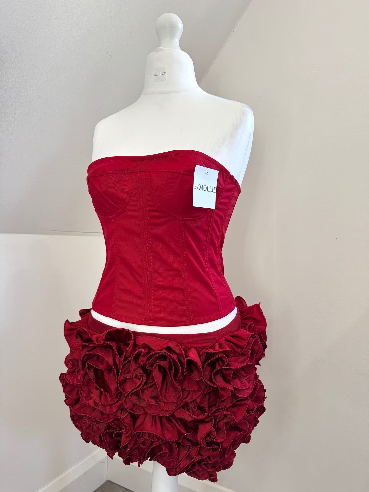 RED LACE UP CORSET AND FLORAL MINI SKIRT CO-ORD