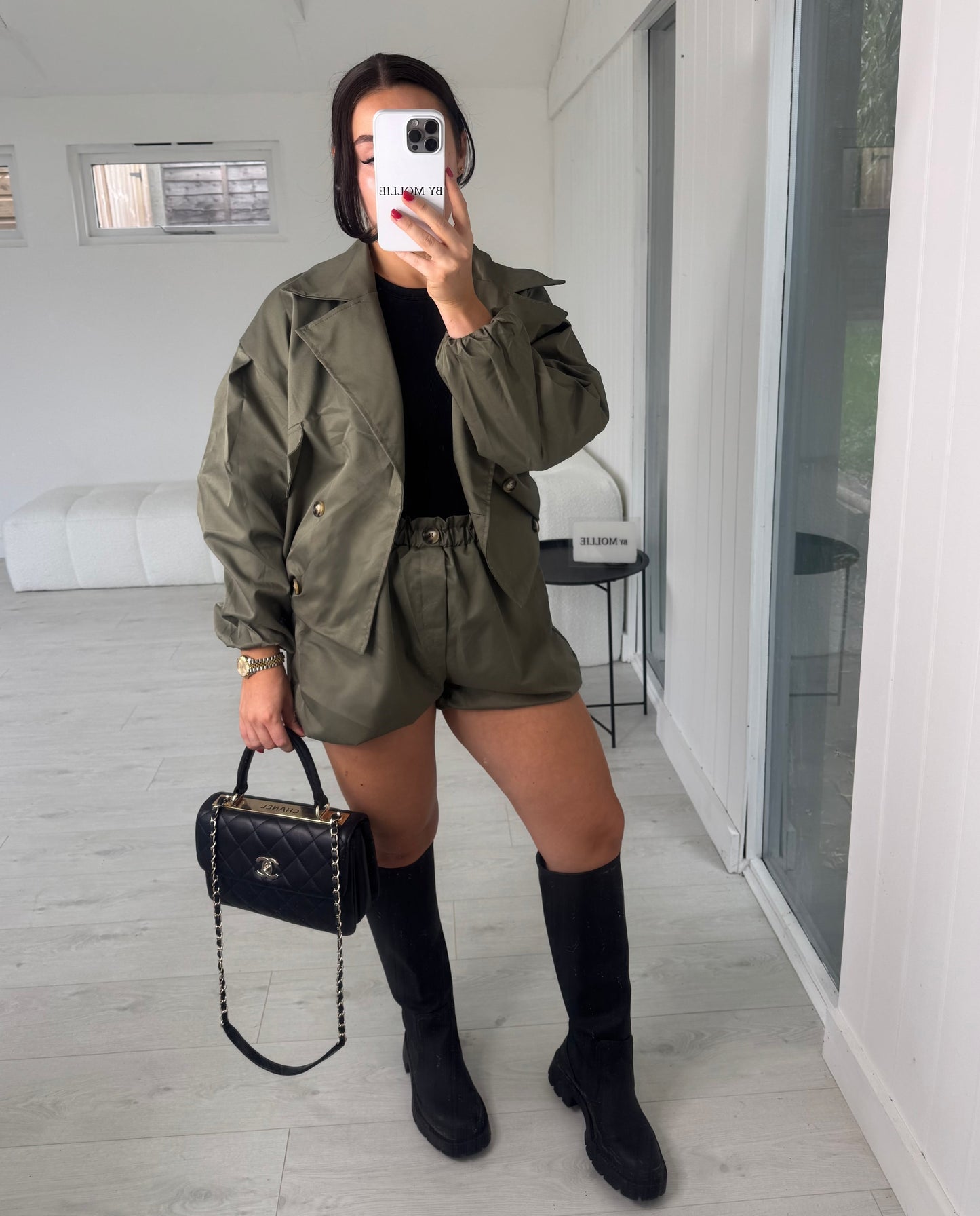CROP KHAKI TRENCH COAT AND SHORTS CO-ORD