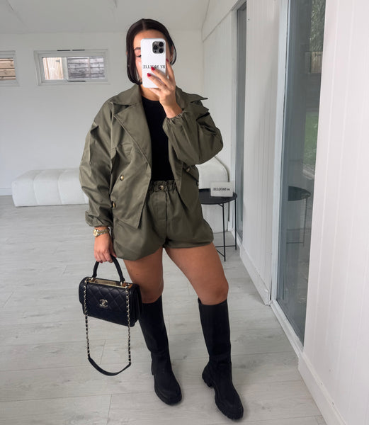 CROP KHAKI TRENCH COAT AND SHORTS CO-ORD