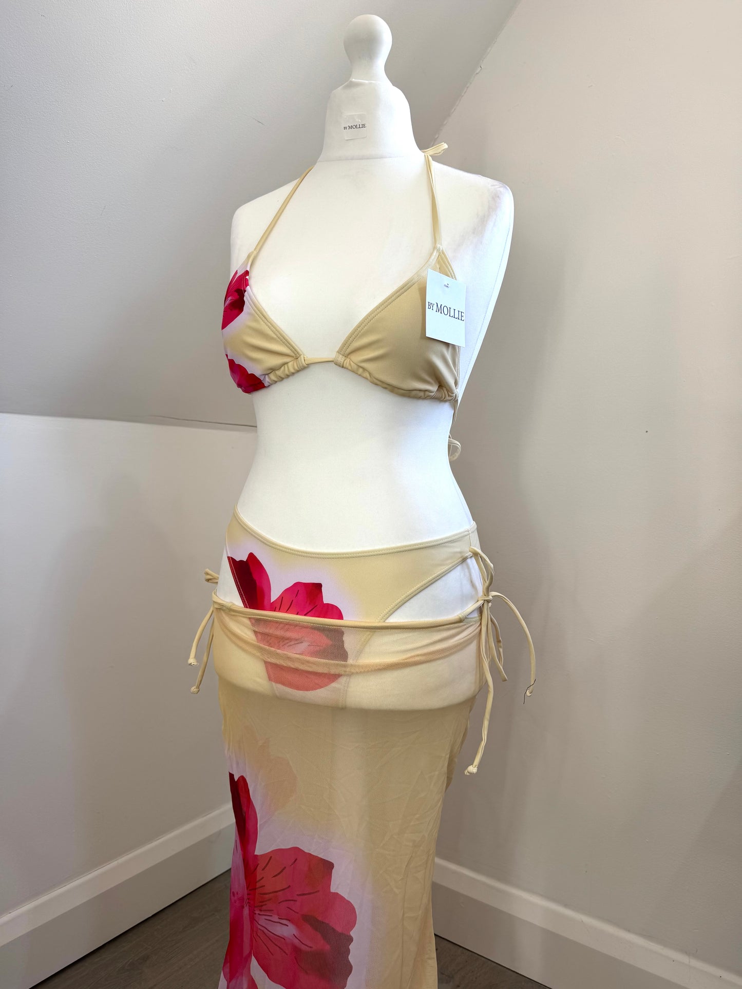 YELLOW FLORAL TRIANGLE THREE PIECE BIKINI AND SKIRT SET
