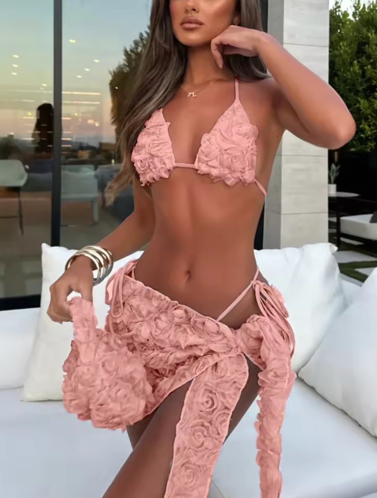 FLORAL CHIFFON THREE PIECE BIKINI AND SKIRT SET