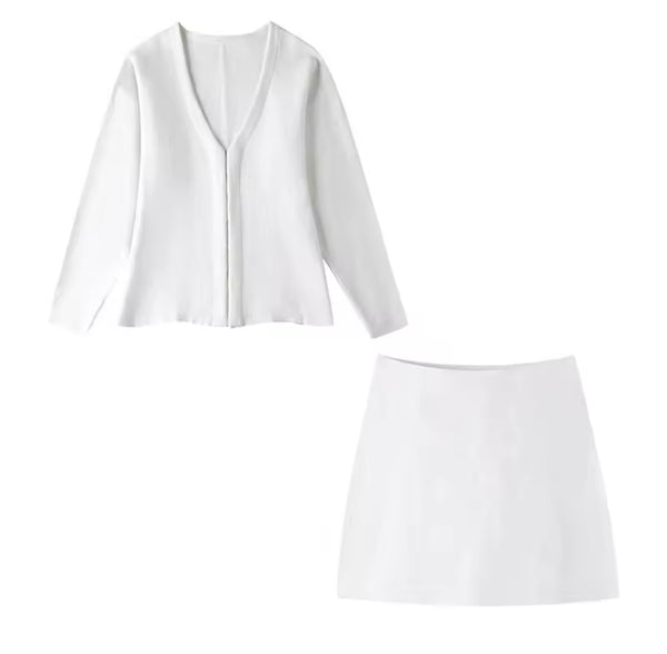 WHITE CARDIGAN AND MINI SKIRT CO-ORD