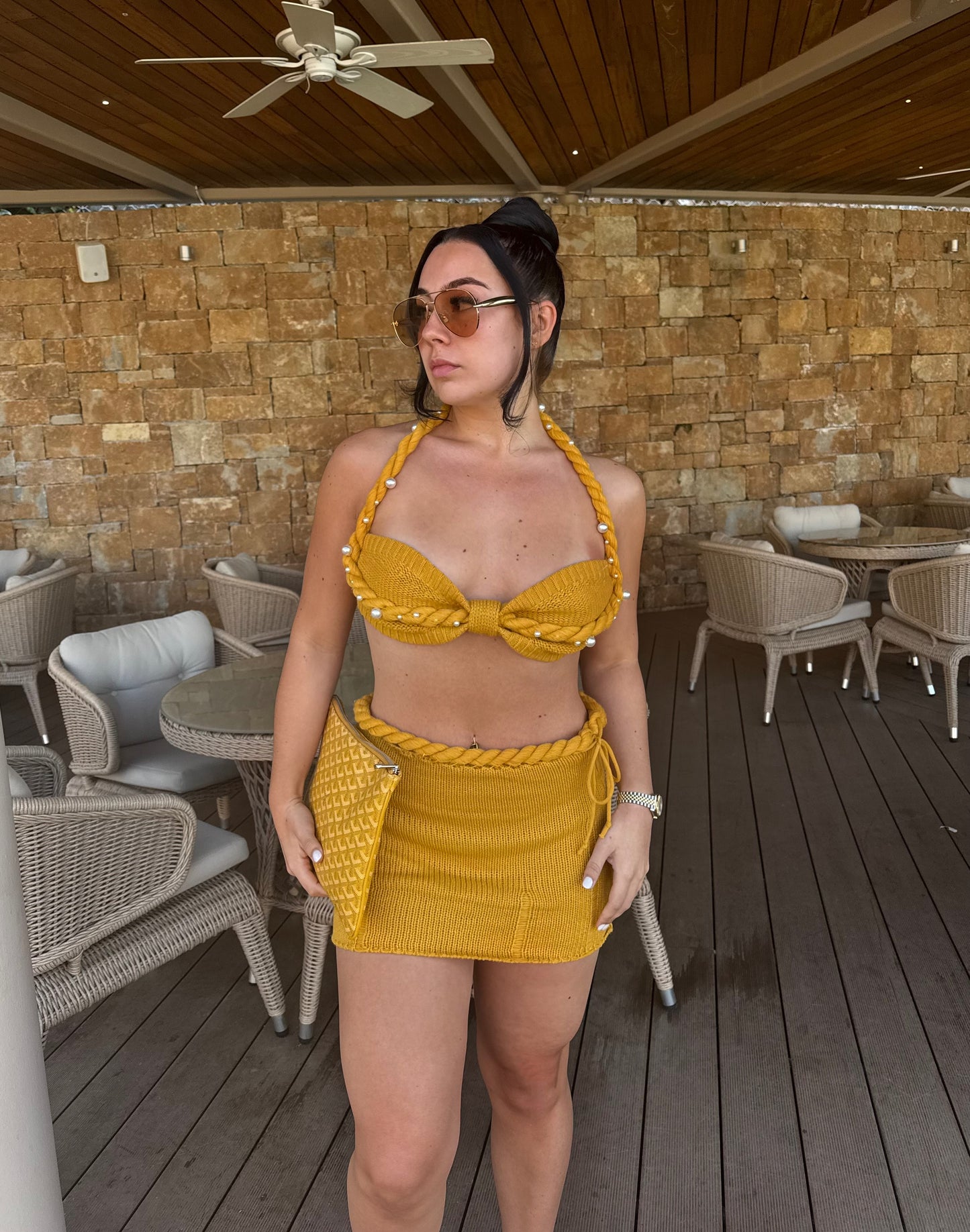 MUSTARD EMBELLISHED CROCHET BRALET AND MINI SKIRT CO-ORD