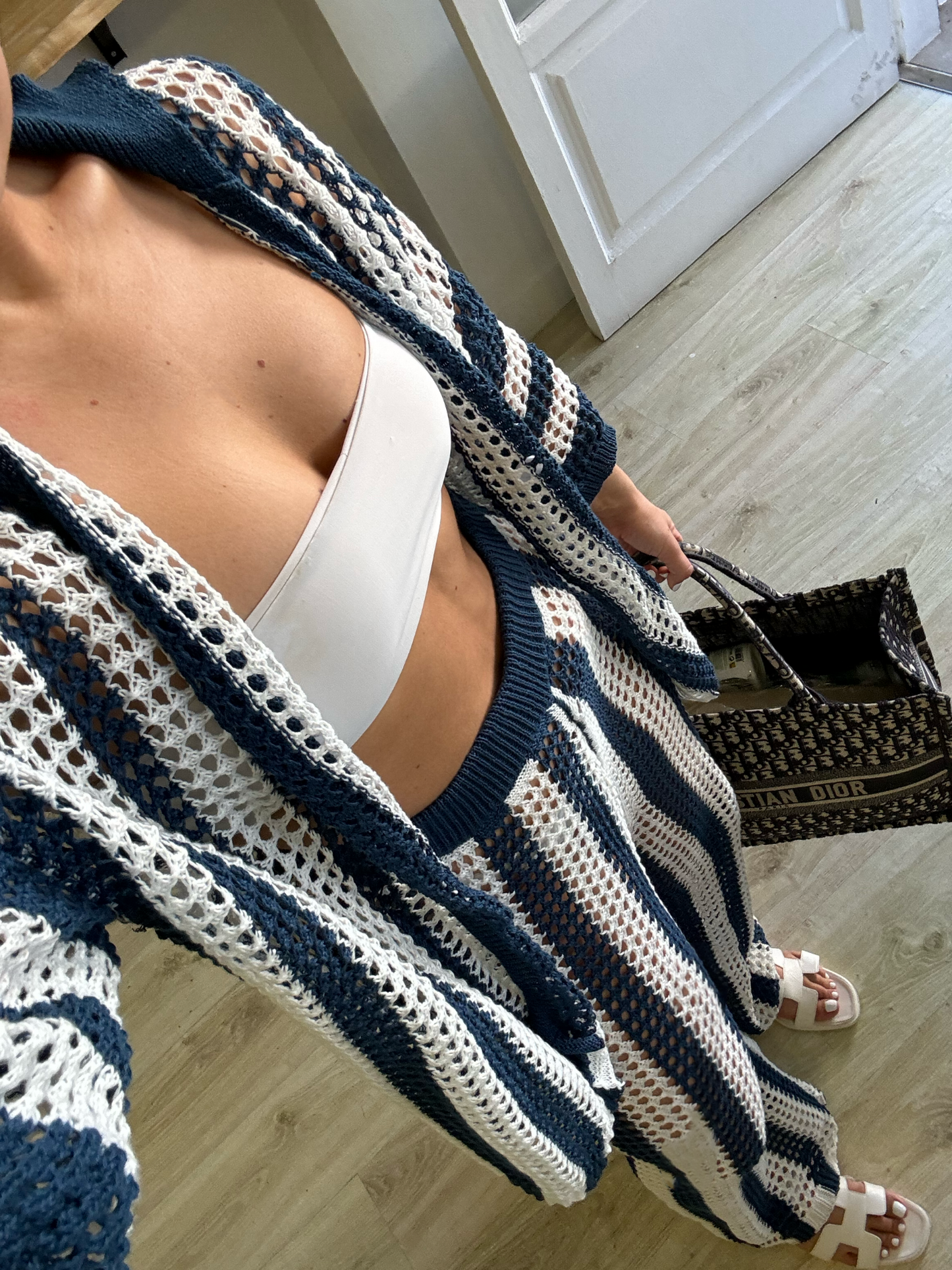 NAVY BLUE STRIPE CROCHET OVERSIZED SHIRT AND TROUSER CO-ORD