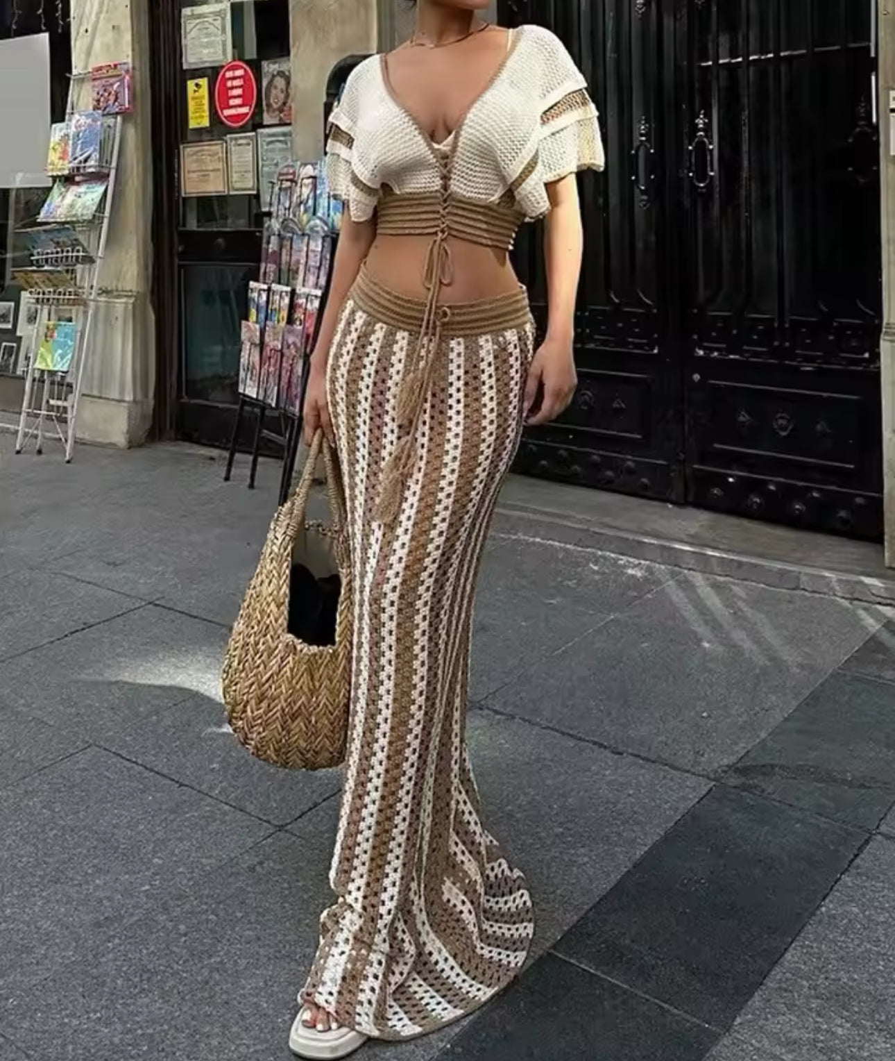STRIPE CROCHET CROP TOP AND MAXI SKIRT CO-ORD