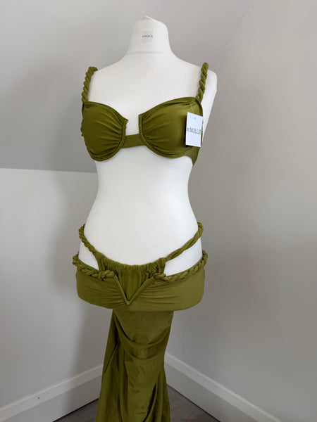 OLIVE BRAID DETAIL BIKINI AND MAXI SKIRT CO ORD SET