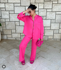 PINK SATIN OVERSIZED SHIRT AND TROUSER CO-ORD