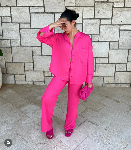 PINK SATIN OVERSIZED SHIRT AND TROUSER CO-ORD