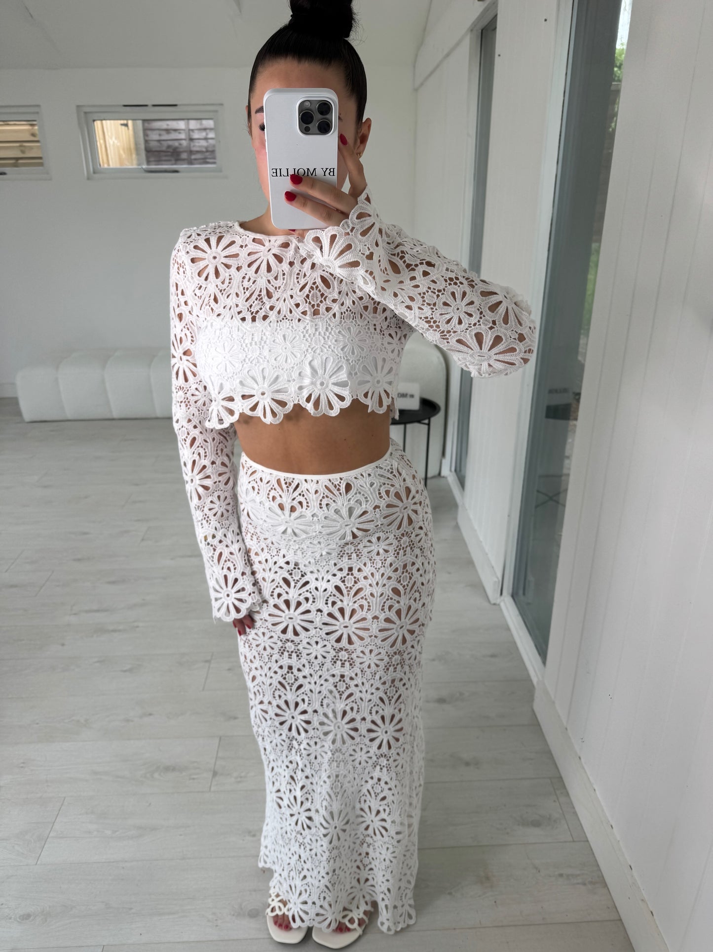 WHITE CUT OUT LONG SLEEVE TOP AND MAXI SKIRT CO-ORD