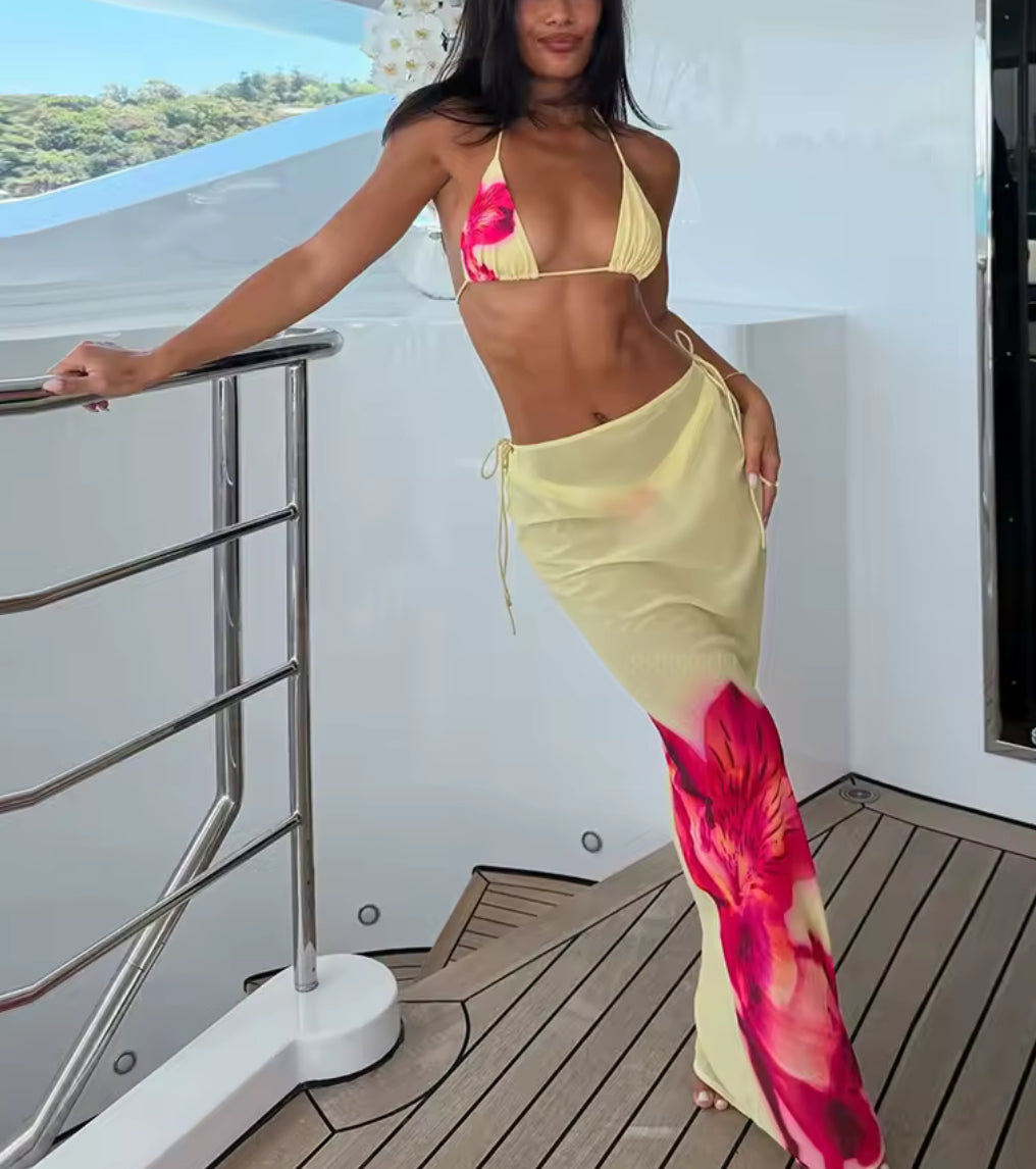 YELLOW FLORAL TRIANGLE THREE PIECE BIKINI AND SKIRT SET