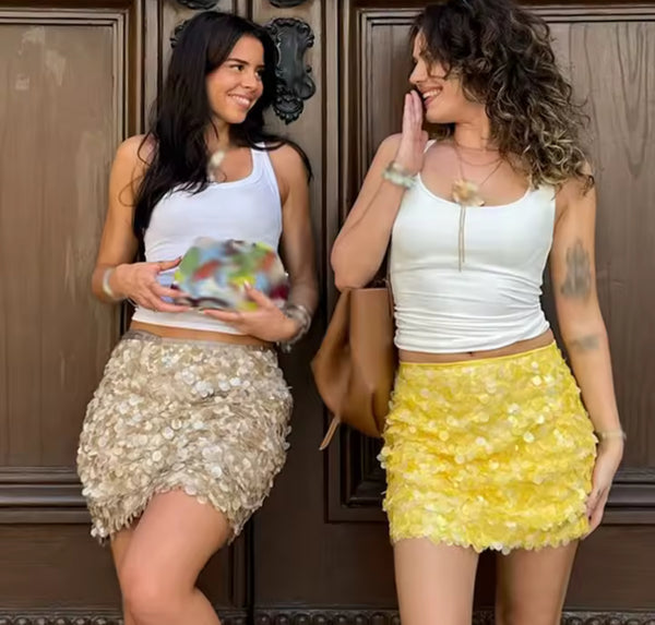 BEIGE SHIMMER DISC MINI SKIRT