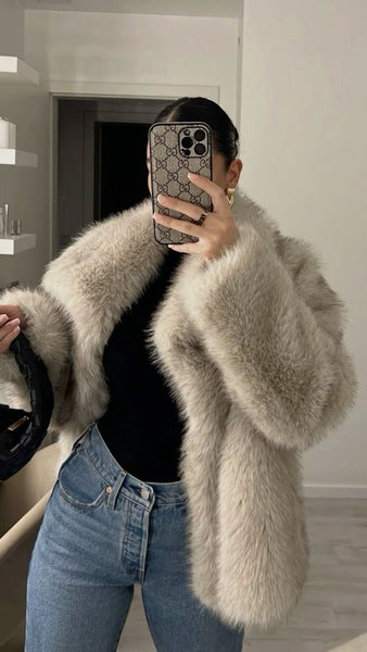 BEIGE CROPPED FAUX FUR COAT