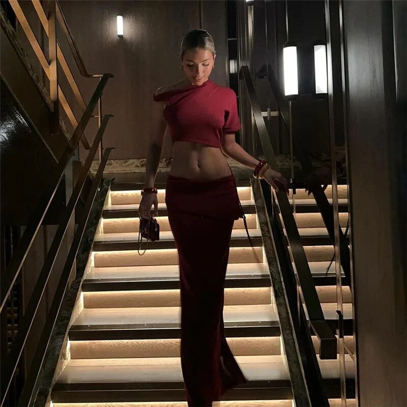 FOLD OVER OFF SHOULDER CROP AND MAXI SKIRT CO-ORD