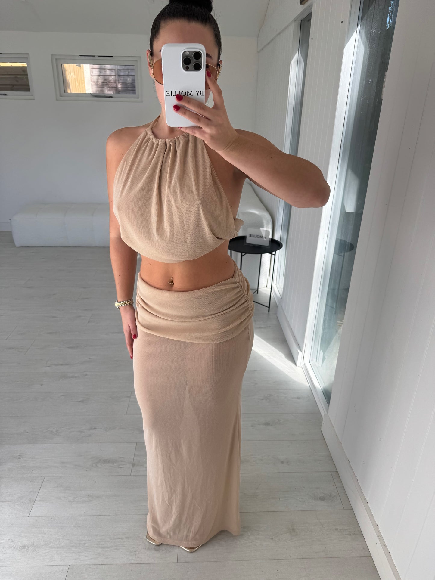 BEIGE SHIMMER FOLD OVER MAXI AND CROP HALTER