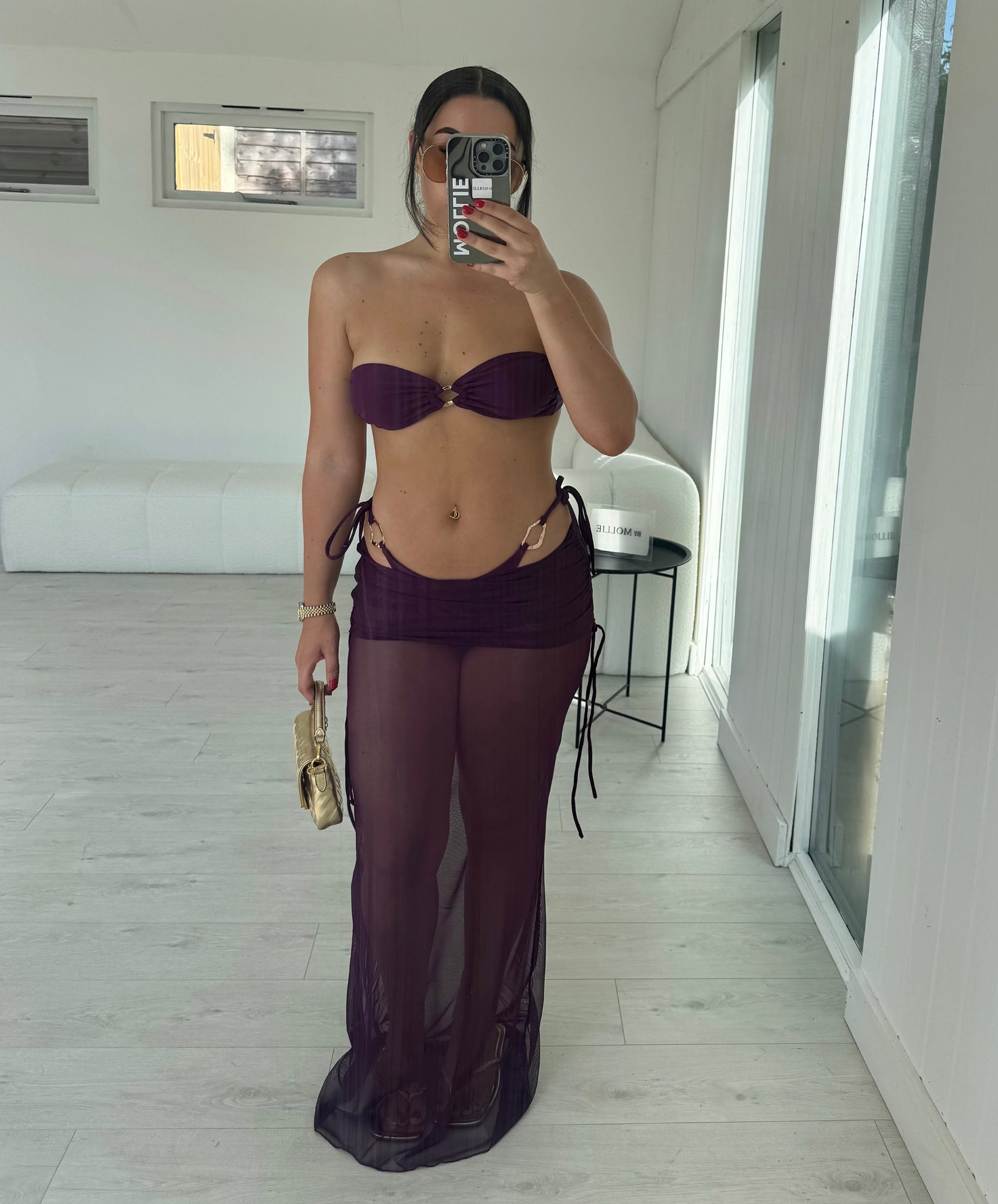 PLUM BANDEAU THREE PIECE BIKINI AND FOLD OVER SKIRT SET