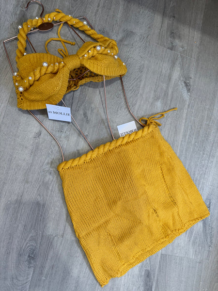 MUSTARD EMBELLISHED CROCHET BRALET AND MINI SKIRT CO-ORD