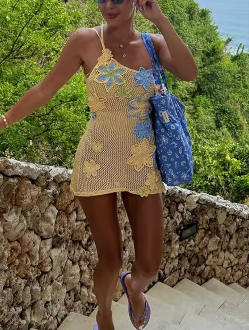 BLUE YELLOW CROCHET KNIT MINI DRESS