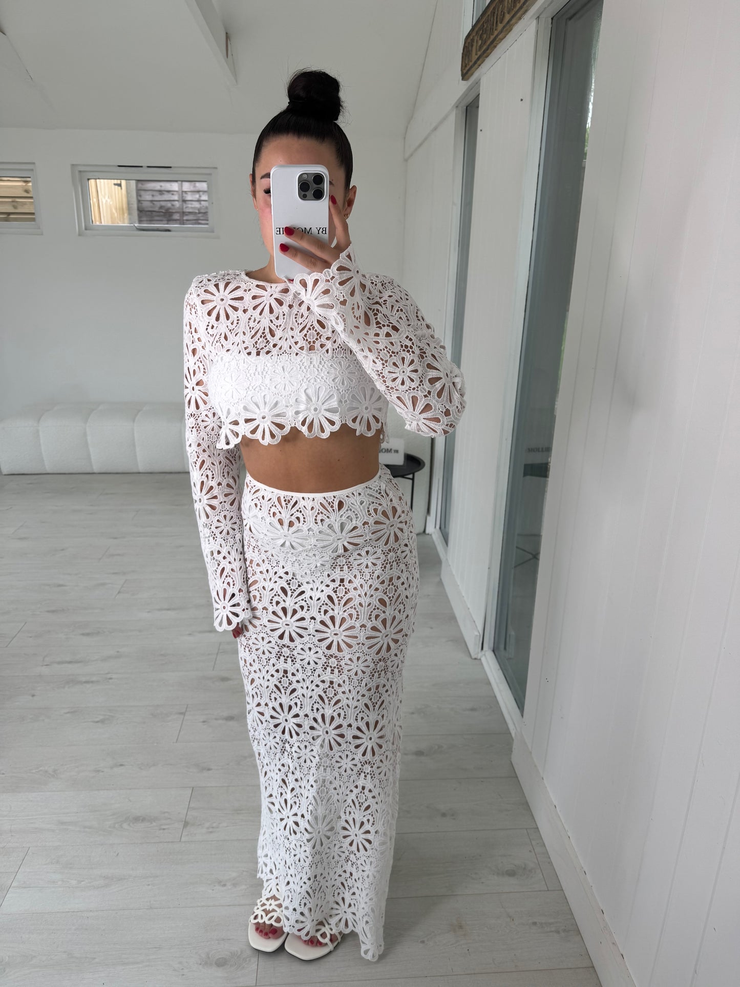 WHITE CUT OUT LONG SLEEVE TOP AND MAXI SKIRT CO-ORD