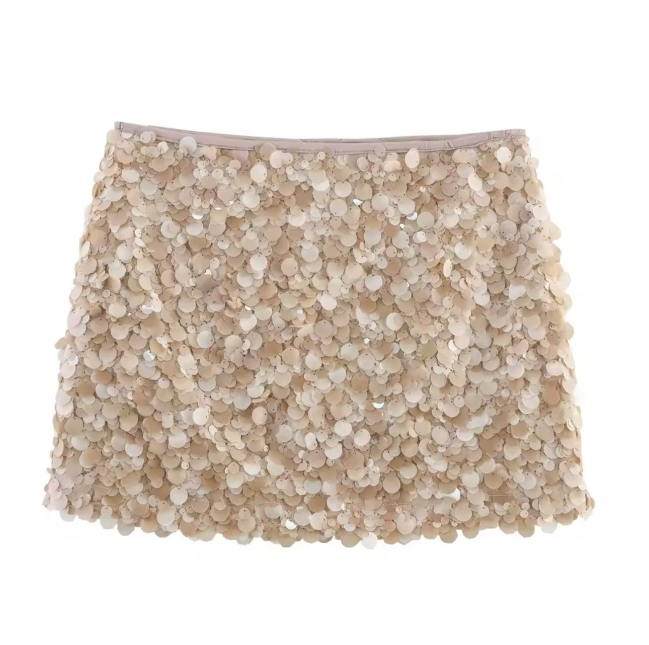 BEIGE SHIMMER DISC MINI SKIRT