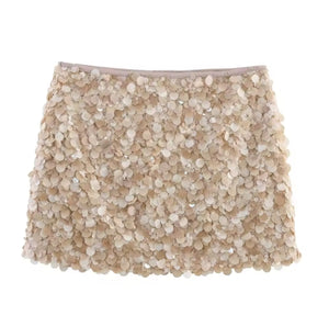 BEIGE SHIMMER DISC MINI SKIRT