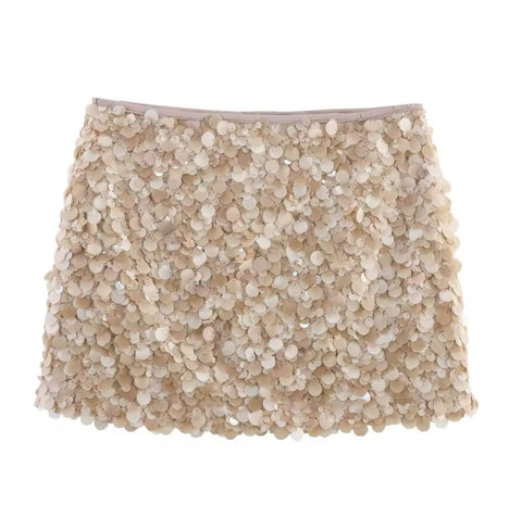 BEIGE SHIMMER DISC MINI SKIRT