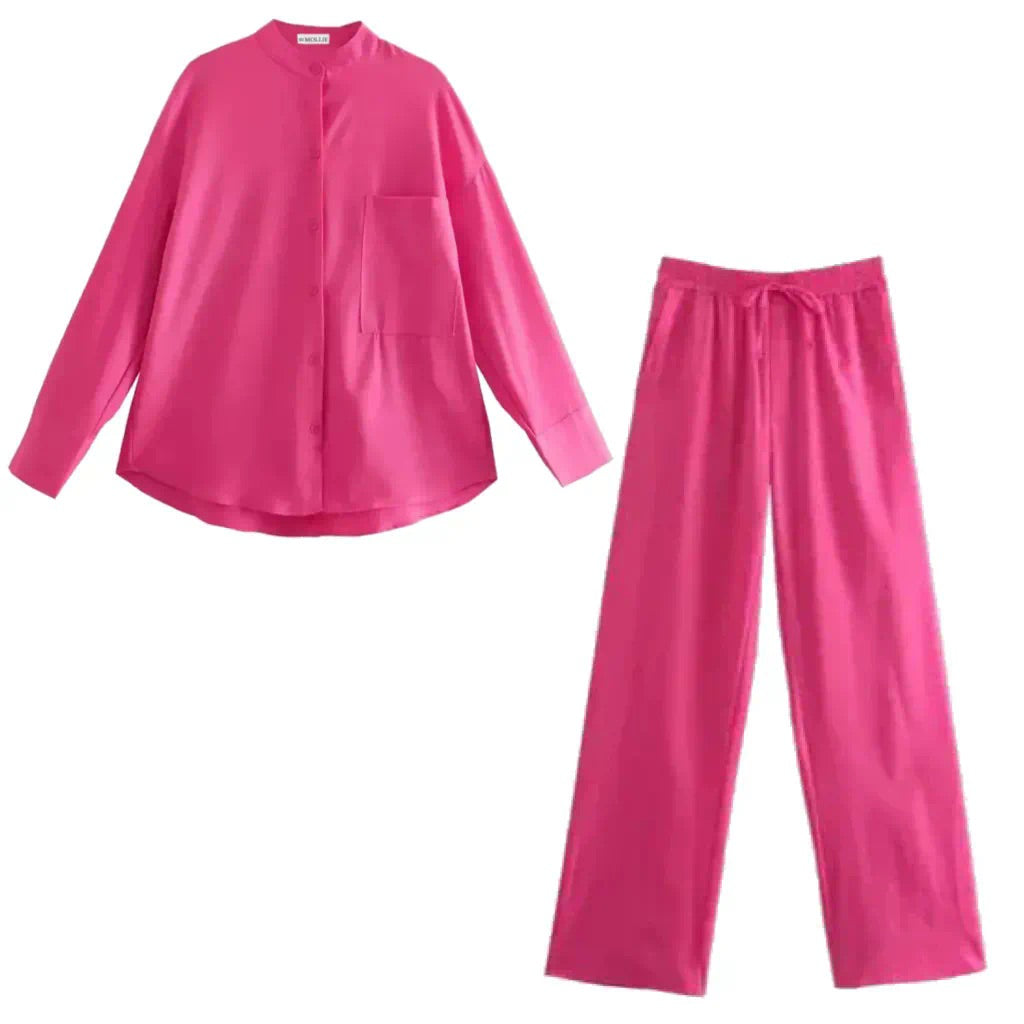 PINK SATIN OVERSIZED SHIRT AND TROUSER CO-ORD