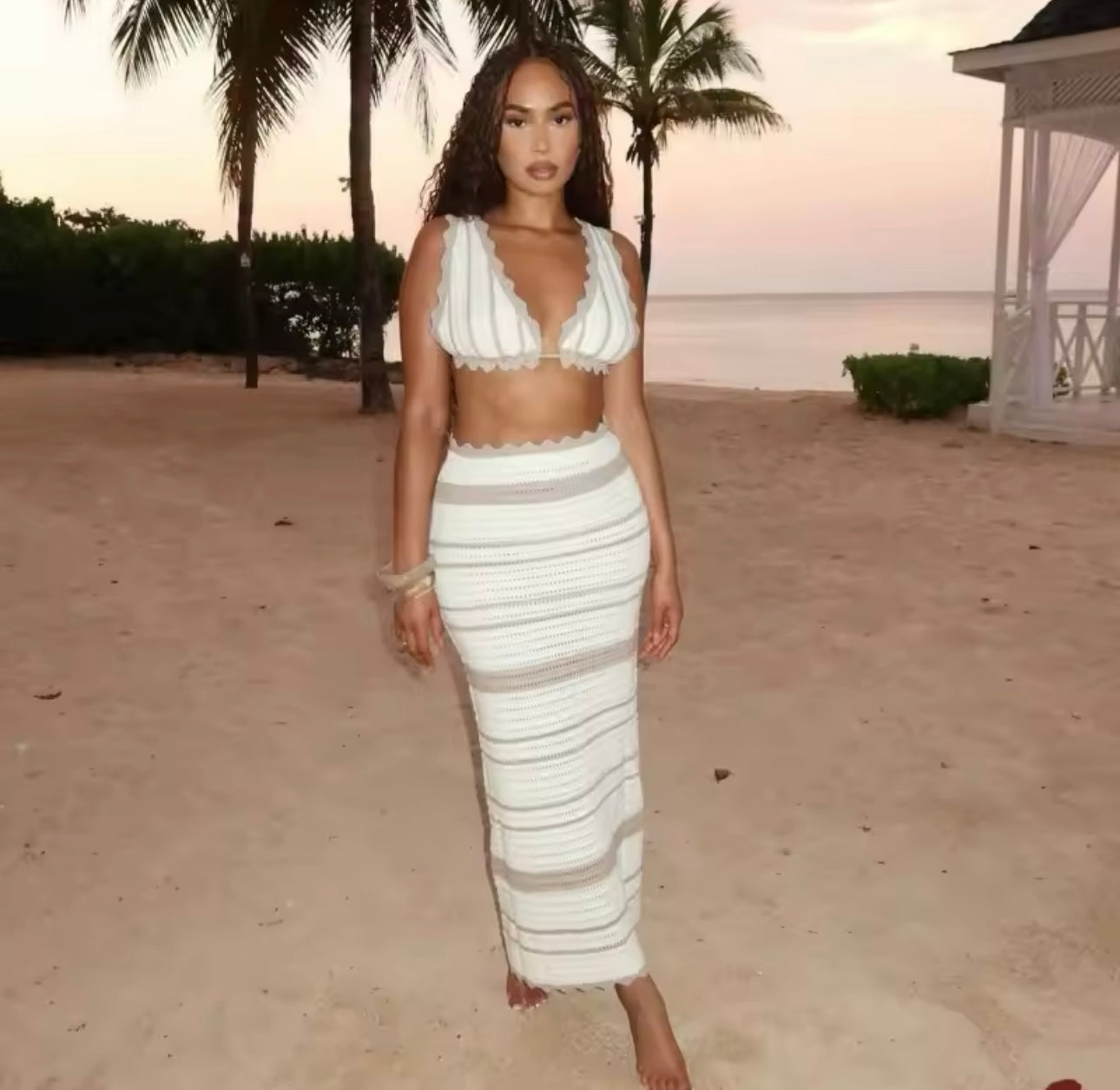 BEIGE KNIT STRIPE BRALET AND MAXI SKIRT CO-ORD