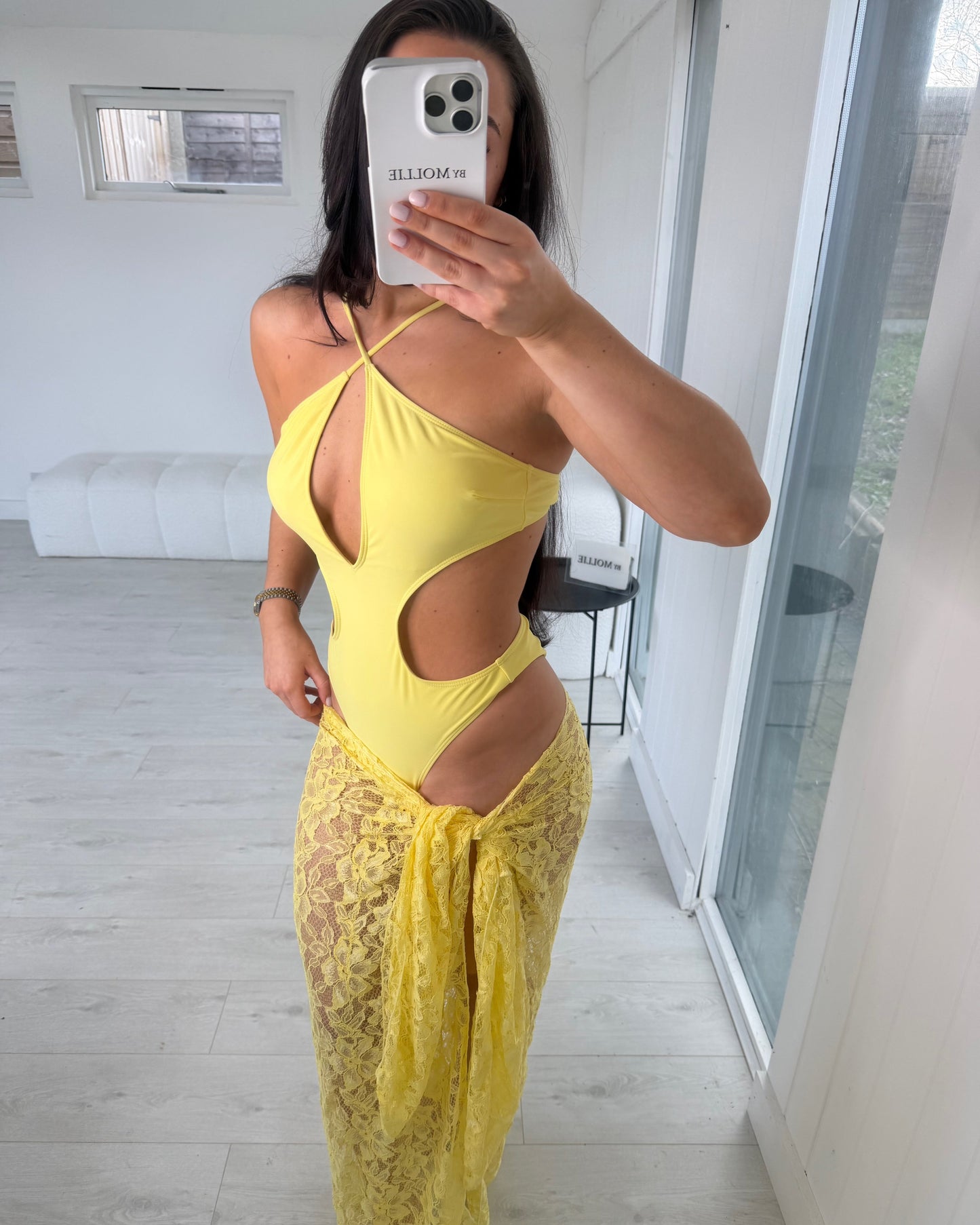 LEMON YELLOW CUT OUT SWIMSUIT AND LACE SARONG CO ORD