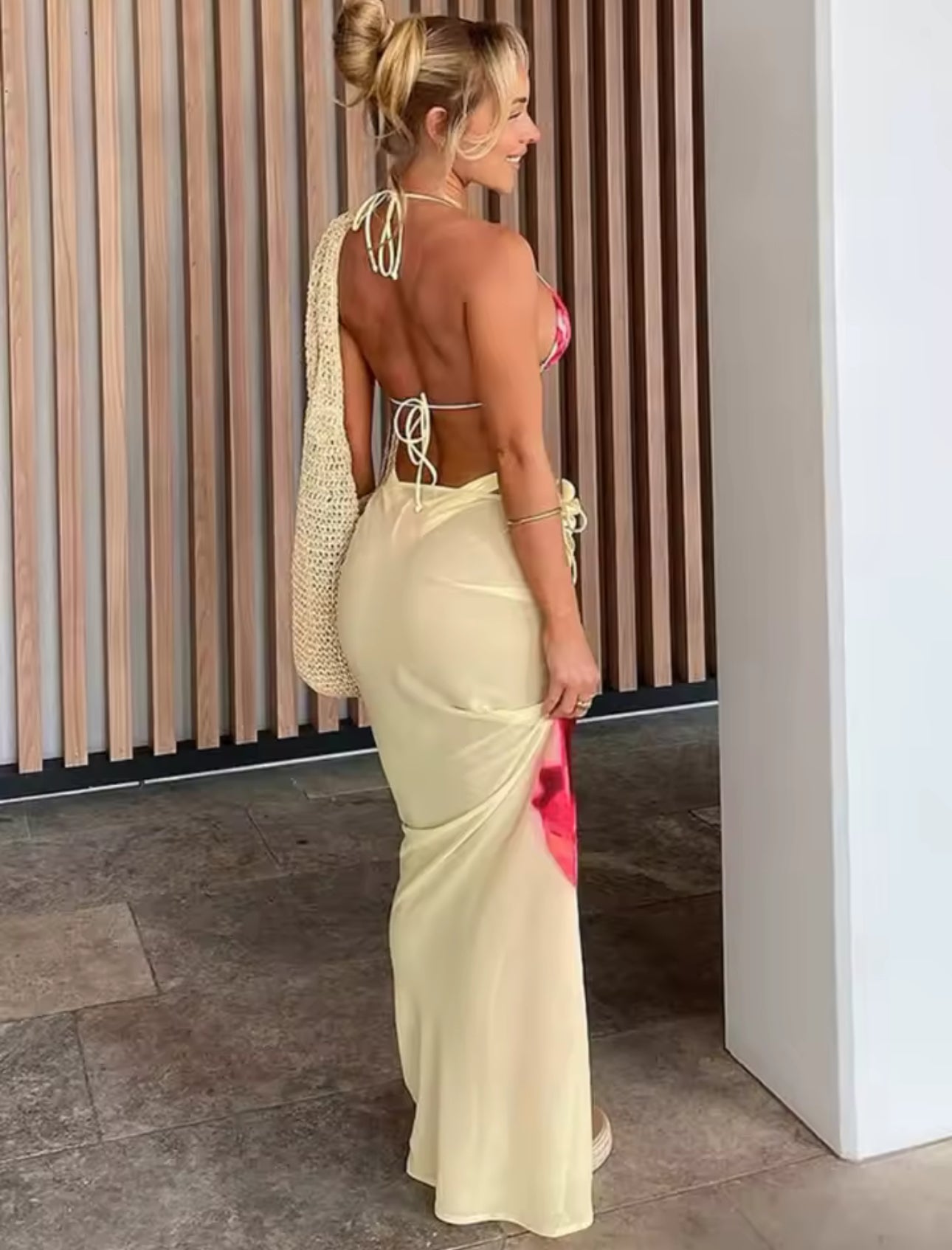 YELLOW FLORAL TRIANGLE THREE PIECE BIKINI AND SKIRT SET