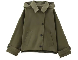 KHAKI CROPPED HOODED TRENCH COAT