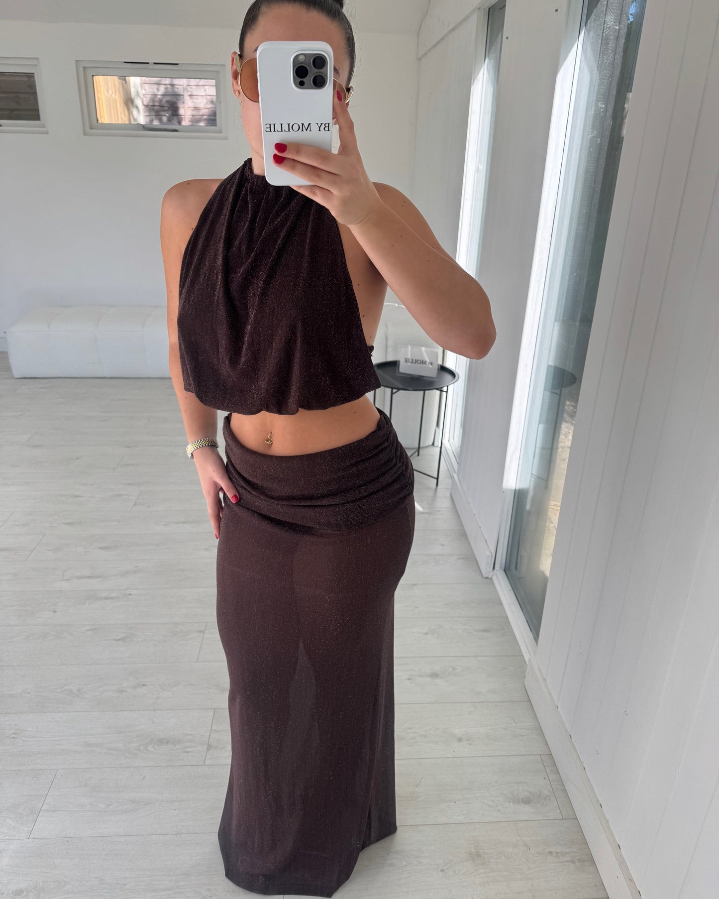 BROWN SHIMMER FOLD OVER MAXI AND CROP HALTER