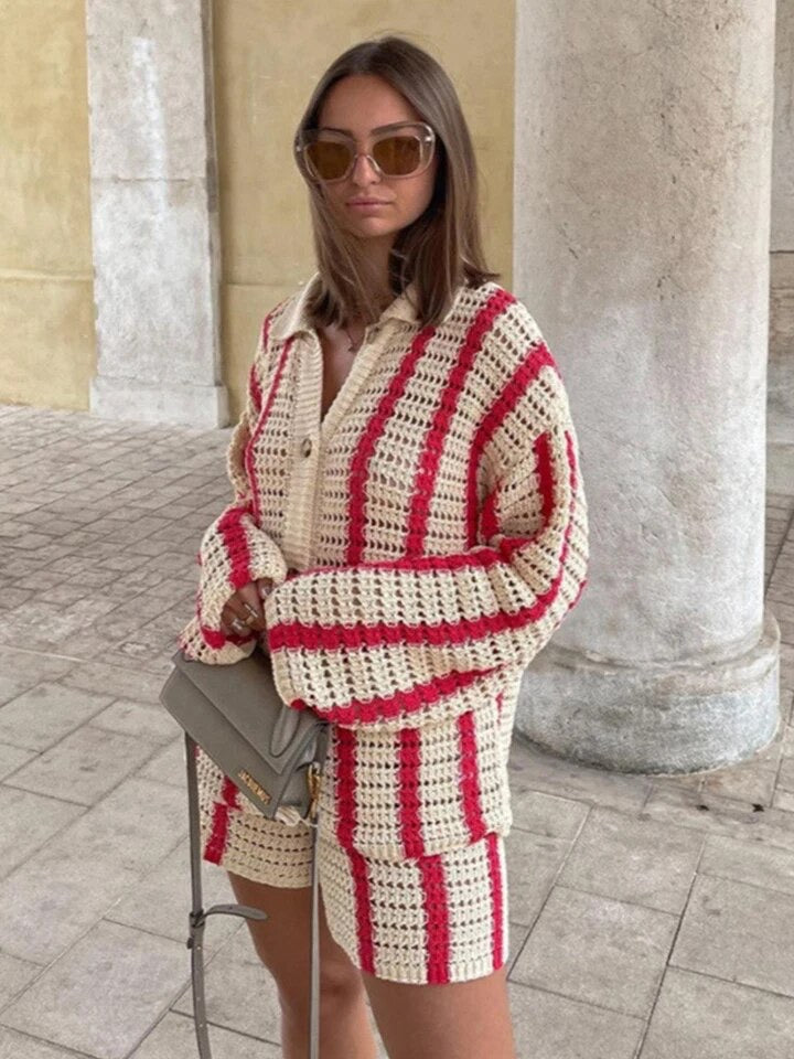 RED KNIT STRIPE CARDIGAN AND SHORTS CO-ORD