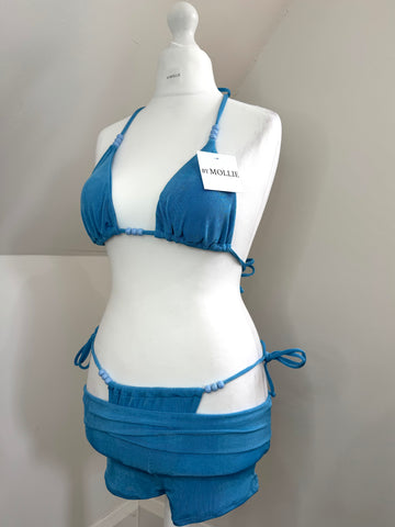 BLUE BEAD BIKINI AND FOLD OVER HOT PANTS THREE PIECE