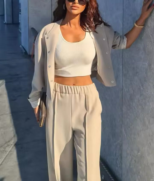 BEIGE BOMBER JACKET AND WIDE LEG TROUSER CO-ORD