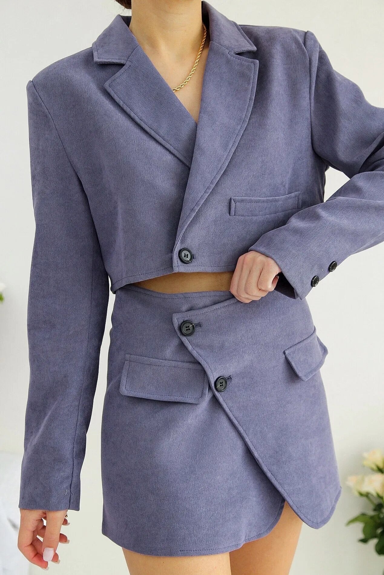 BLUE CROP BLAZER AND MINI SKIRT CO-ORD