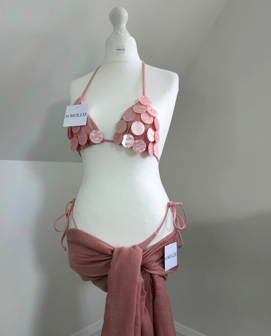 PINK PEARL DISC THREE PIECE BIKINI AND SARONG SET