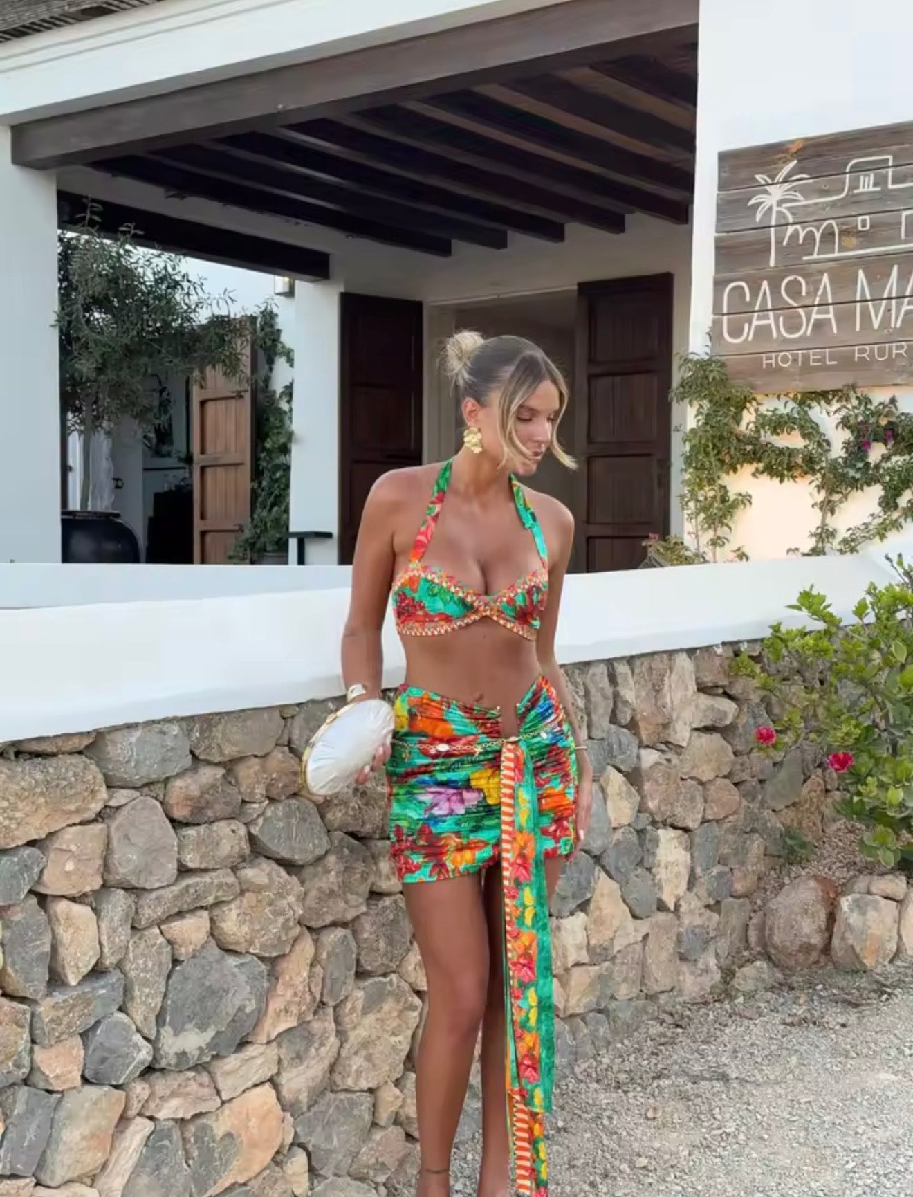 MULTICOLOUR PATTERNED THREE PIECE BIKINI AND SKIRT SET