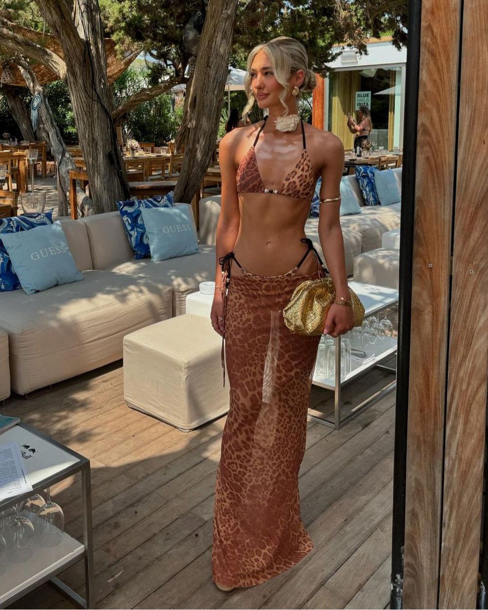 LEOPARD PRINT THREE PIECE BIKINI AND SKIRT SET