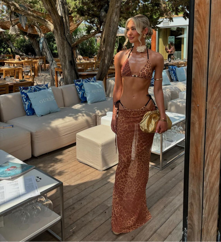 LEOPARD PRINT THREE PIECE BIKINI AND SKIRT SET