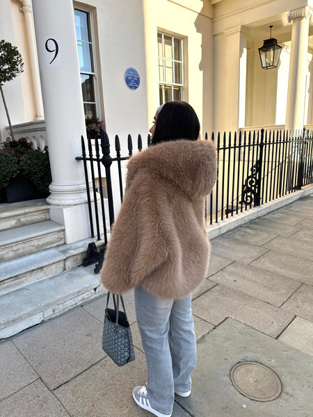 CAMEL HOODED FAUX FUR COAT