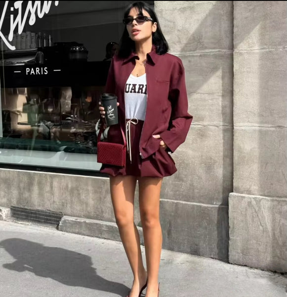 BURGUNDY COLLARED JACKET AND MINI SKIRT CO-ORD