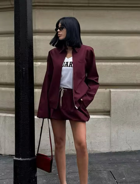 BURGUNDY COLLARED JACKET AND MINI SKIRT CO-ORD