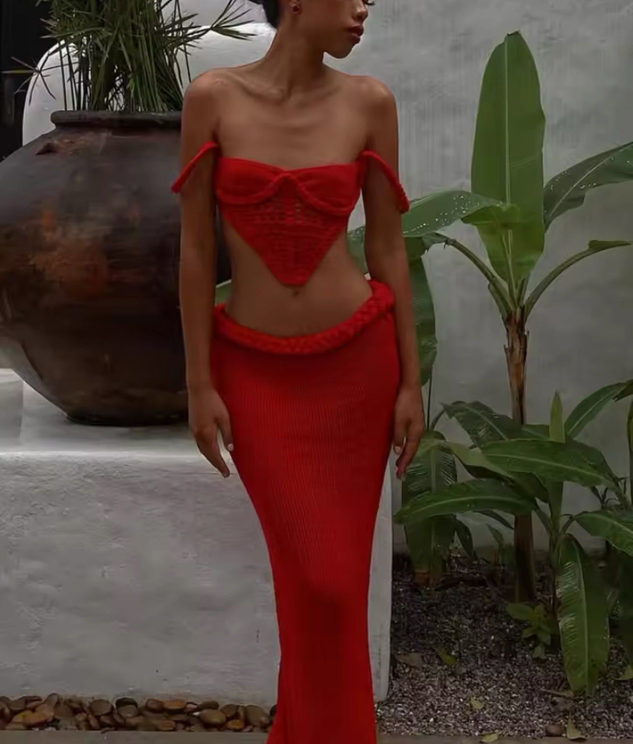 RED CROCHET BRALET CORSET AND MAXI SKIRT CO-ORD