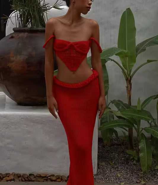 RED CROCHET BRALET CORSET AND MAXI SKIRT CO-ORD